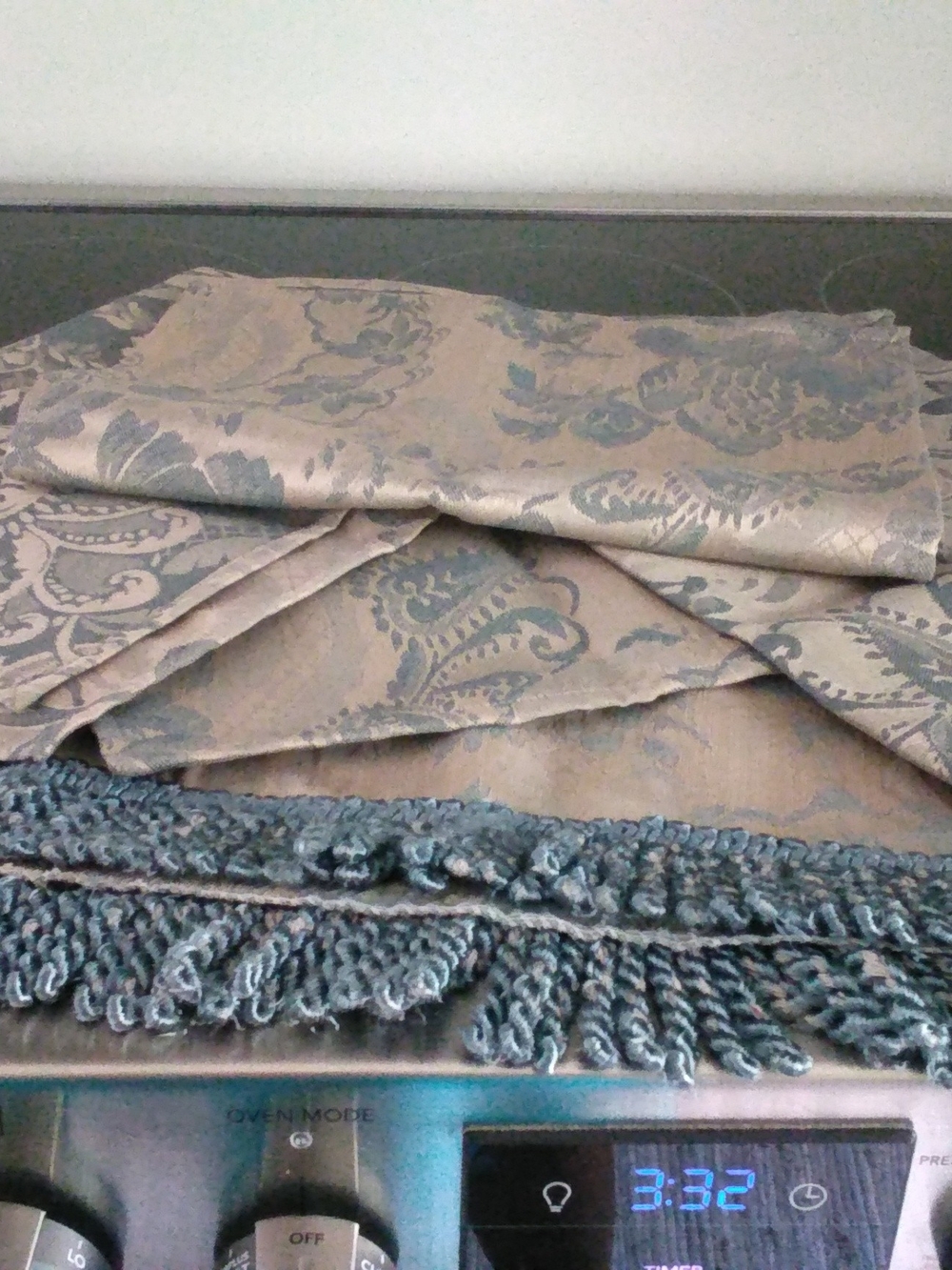 Blue Gray Damask Decorative Fabric Panel with Fringe